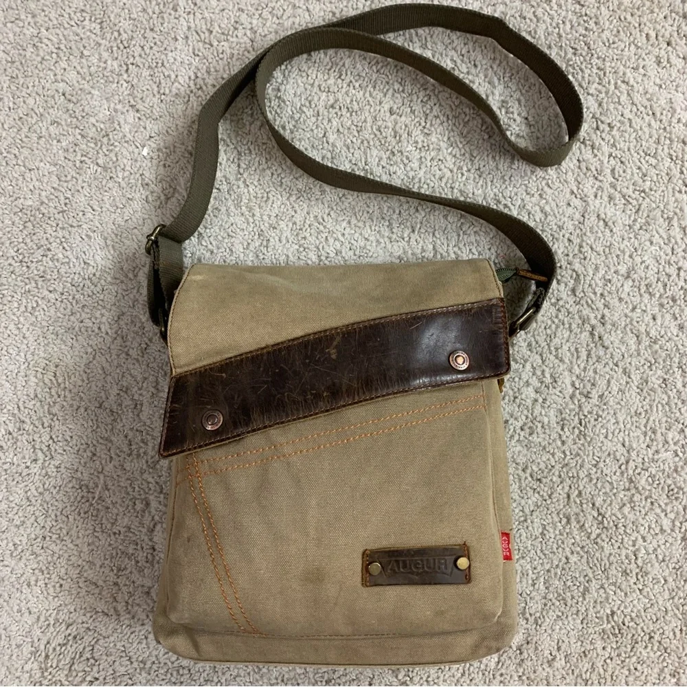 AUGUR Khaki Canvas & BROWN LEATHER Cross Body SAFARI Messenger BAG